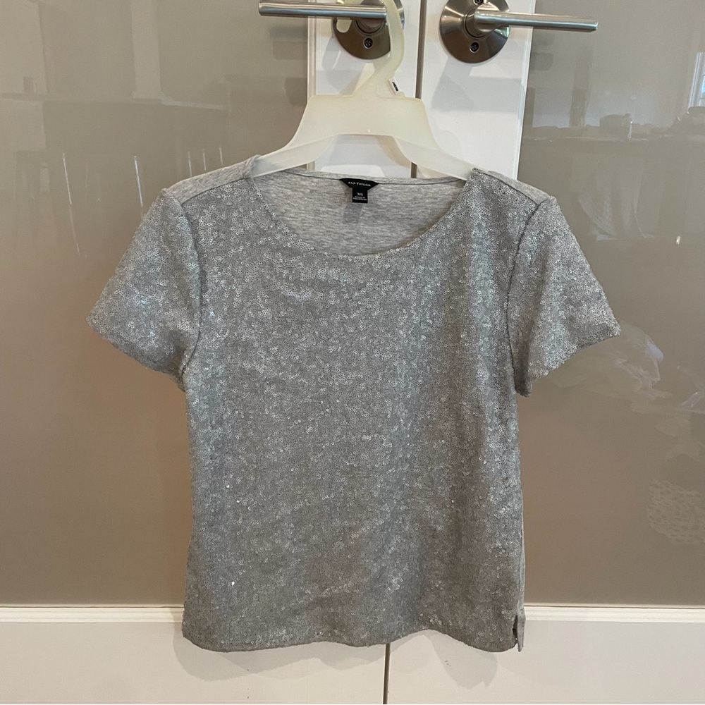 Ann Taylor Silver Sequin Short Sleeve Top